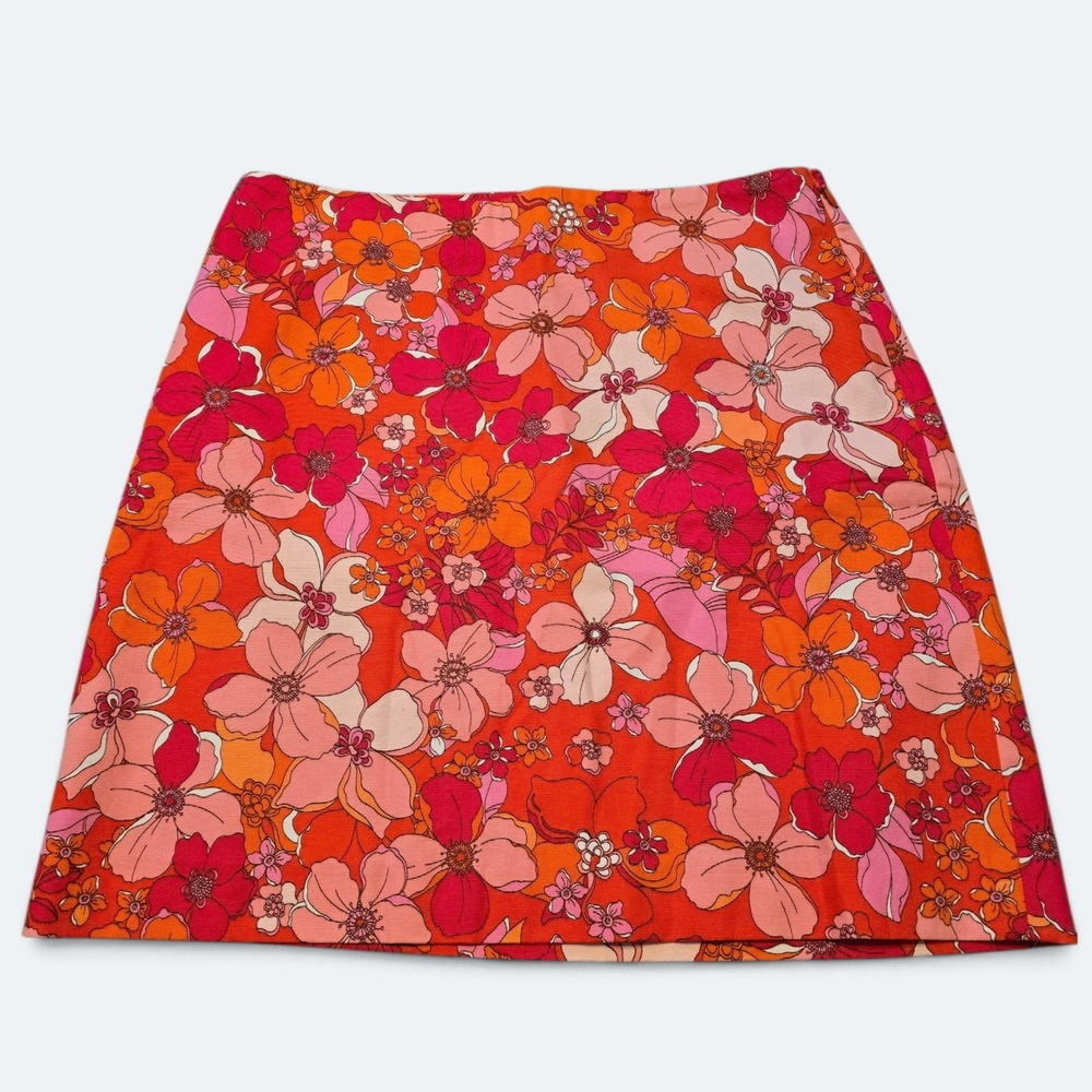 Talbots Petite Floral Mini Skirt 10P Red Orange Pink Retro Flower A-Line